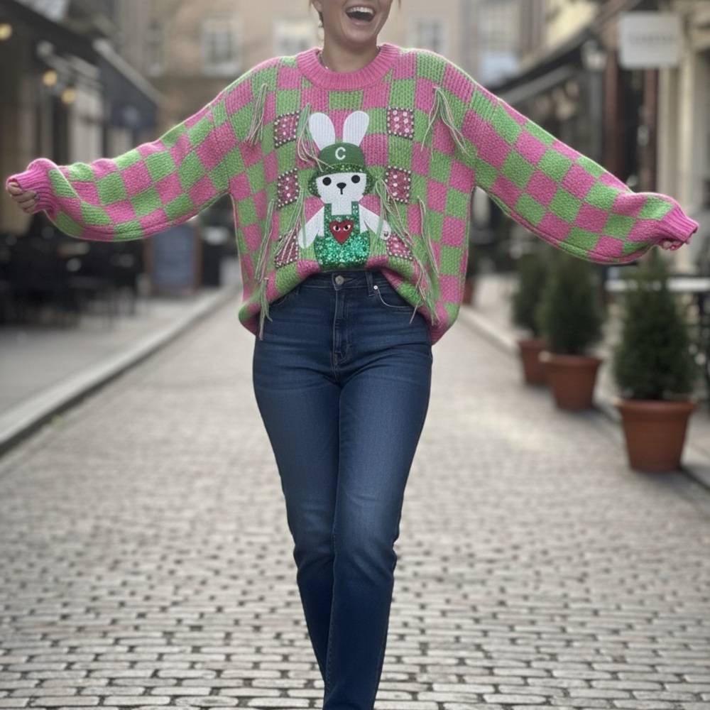 NWOT Pink and Green Checkered Sweater with Bunny Design - Picture 11 of 12